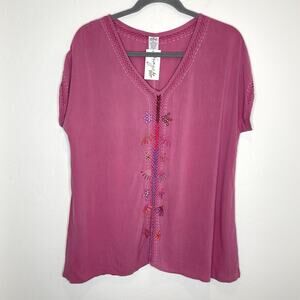 Abrazo Style V Neck Embroidered Top Womens Plus 2X Mauve Pink